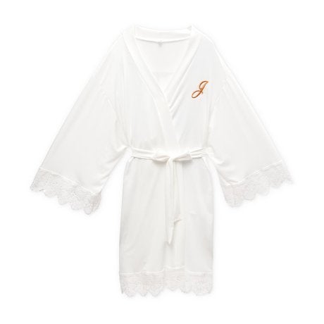 Personalized Junior Bridesmaid Jersey Knit Robe With Lace Trim - White