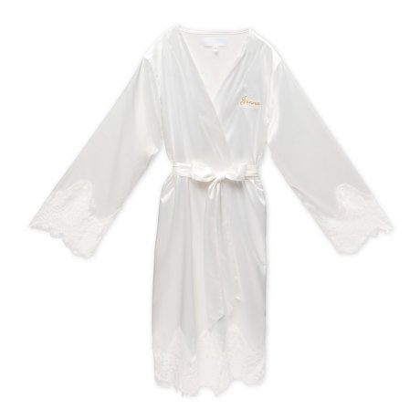 Personalized Embroidered Silky & Lace Trim Bridal Wedding Robe - White