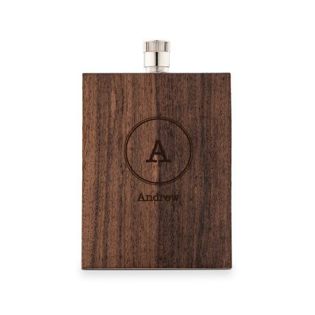 Personalized Rustic Wood Wrapped Stainless Steel Hip Flask - Circle Monogram Print
