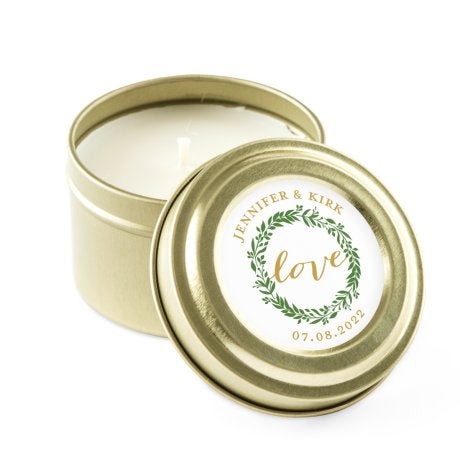 Personalized Gold Tin Candle Wedding Favor - Love Wreath