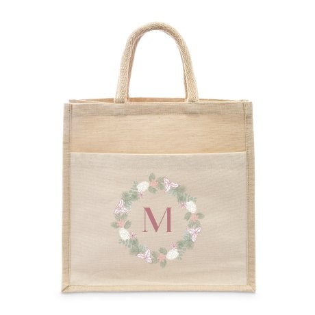 Personalized Medium Woven Jute Tote Bag with Pocket - Blush Wreath