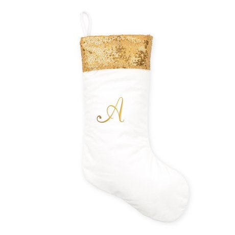 Custom Embroidered Plush Christmas Stockings - Gold and White