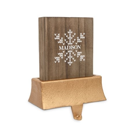 Personalized Wooden Christmas Stocking Holder with Weighted Base - Knit Sweater Snowflake
