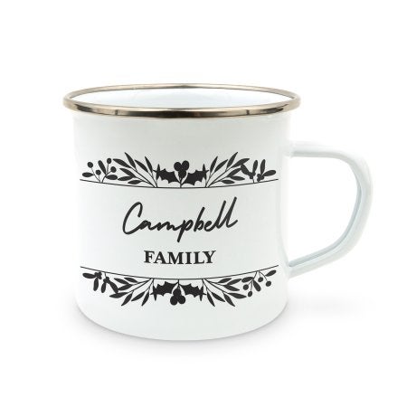 Personalized White Enamel Stainless Steel Coffee Mug - Holly Berry Frame