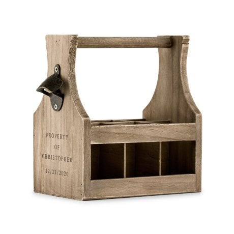 Personalized Wooden Beer Bottle Caddy With Opener - Property of Etching
