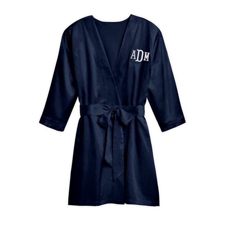 Women's Personalized Embroidered Satin Robe With Pockets - Navy Blue