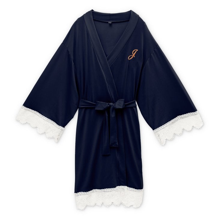Women's Personalized Jersey Knit Robe With Lace Trim - Navy Blue
