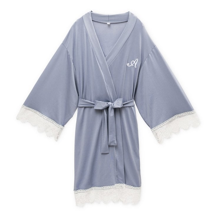 Women's Personalized Jersey Knit Robe With Lace Trim - Powder Blue