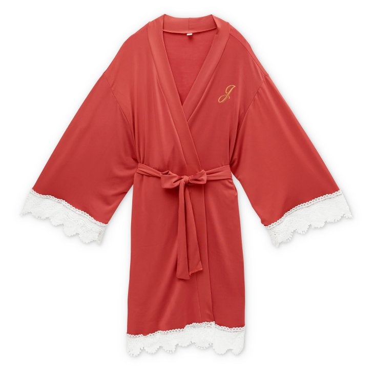 Women's Personalized Jersey Knit Robe With Lace Trim - Coral