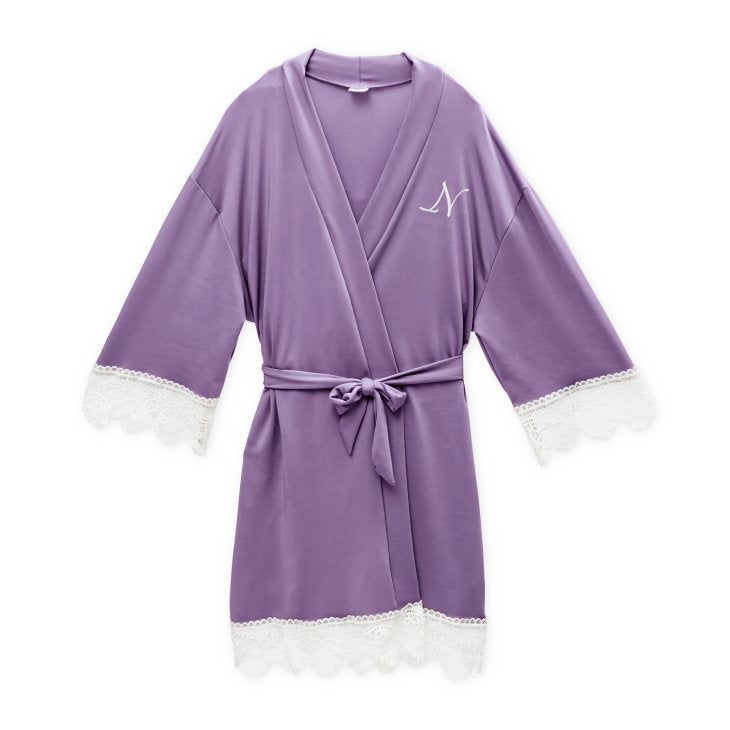 Personalized Junior Bridesmaid Jersey Knit Robe With Lace Trim - Lavender