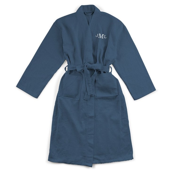 Men's Personalized Embroidered Long Waffle Robe - Navy Blue
