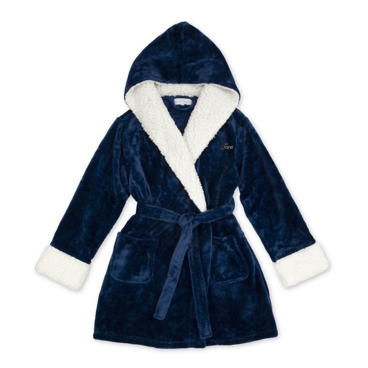 Women’s Personalized Embroidered Fluffy Plush Robe With Hood - Navy