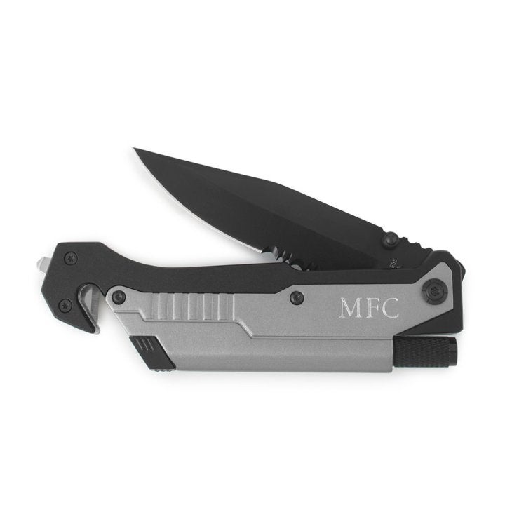 Personalized Black & Silver Pocket Knife With Light - Monogram Engraved
