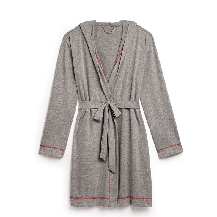 Women's Grey Hooded Spa & Bath Robe - Red Stitching