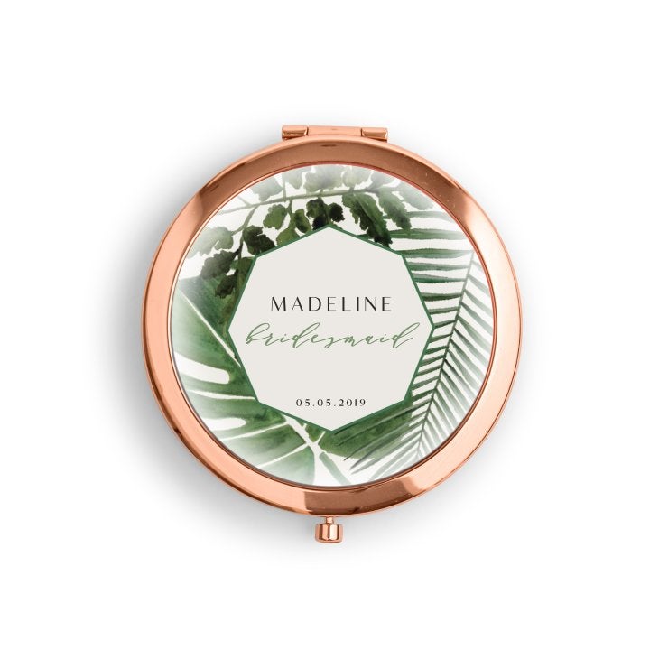 Personalized Engraved Bridal Party Pocket Compact Mirror - Tropical Greenery