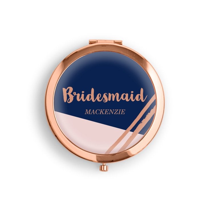 Personalized Engraved Bridal Party Pocket Compact Mirror - Retro Luxe Navy