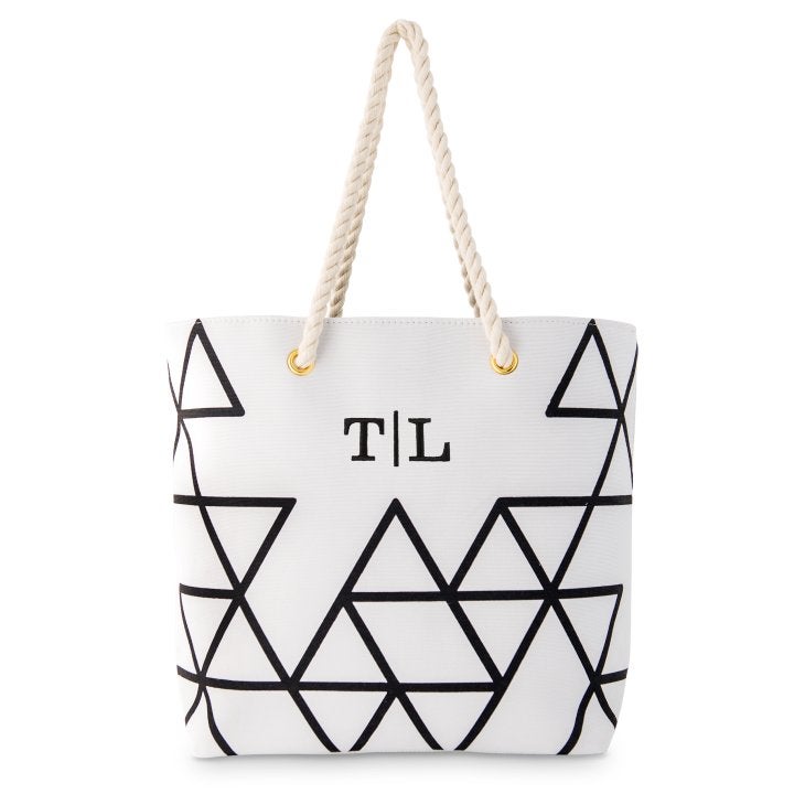 Personalized Extra-Large Geo Cotton Fabric Canvas Tote Bag - Black On White