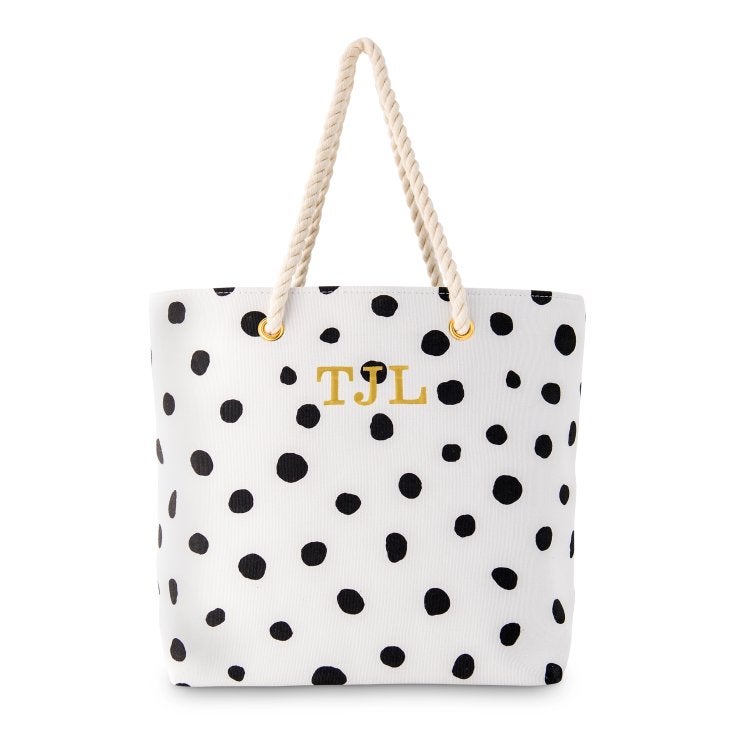 Personalized Extra-Large Polka Dot Cotton Fabric Canvas Tote Bag - Black On White