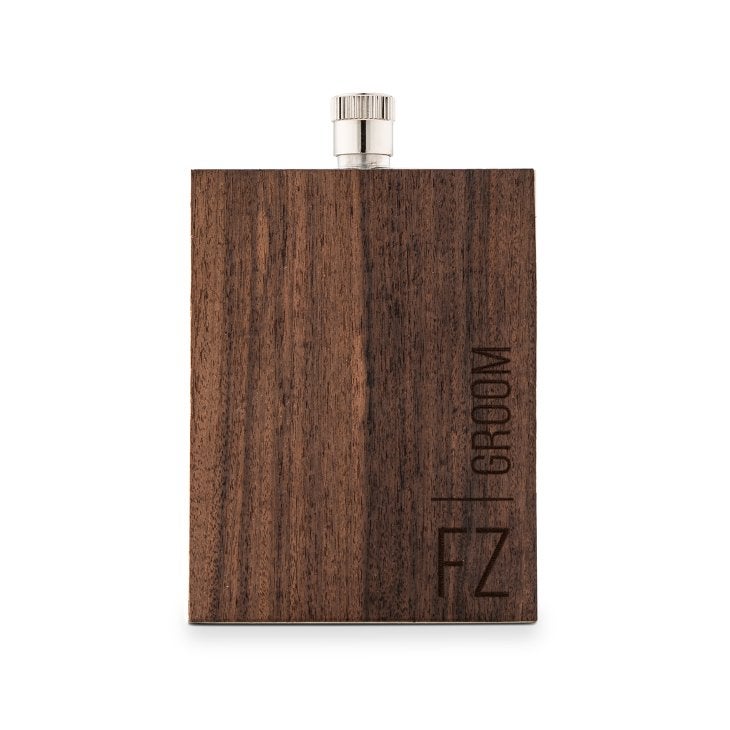 Personalized Rustic Wood Wrapped Stainless Steel Hip Flask - Vertical Groom Monogram Print