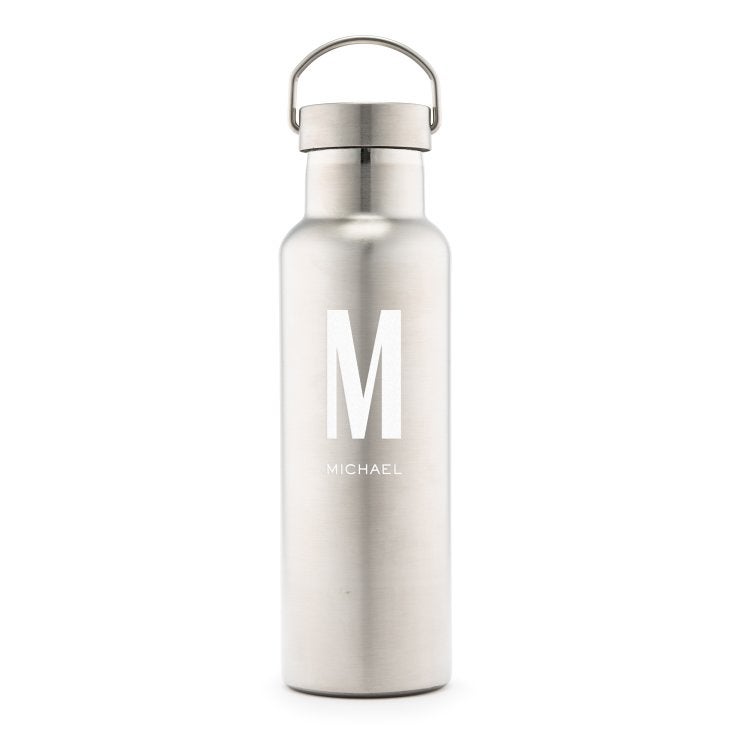 Personalized Chrome Stainless Steel Reusable Water Bottle - Sans Serif Monogram Print