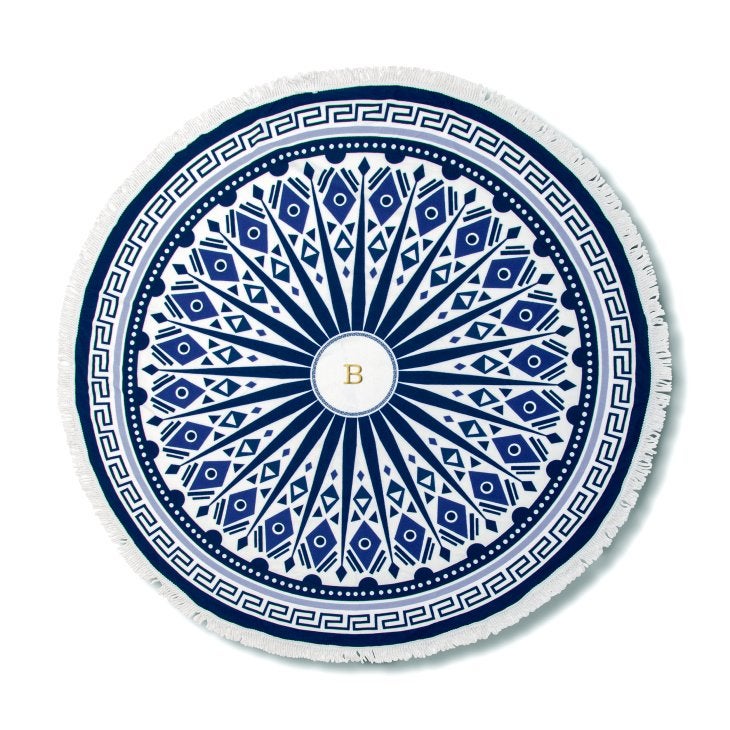 Personalized Round Beach Towel - Blue And White Mandala Pattern