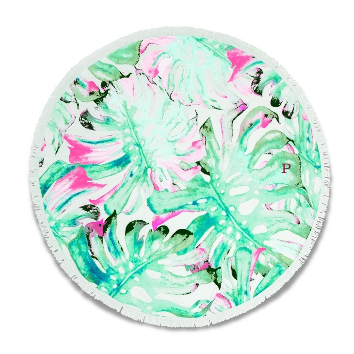 Personalized Round Beach Towel - Tropical Leaves Pattern