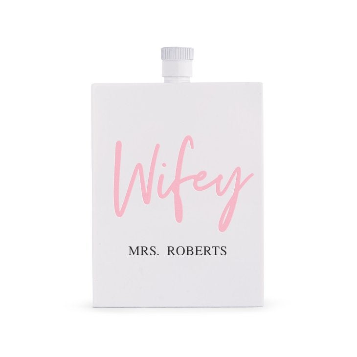 Personalized White Stainless Steel 3 Oz. Hip Flask - Wifey Script