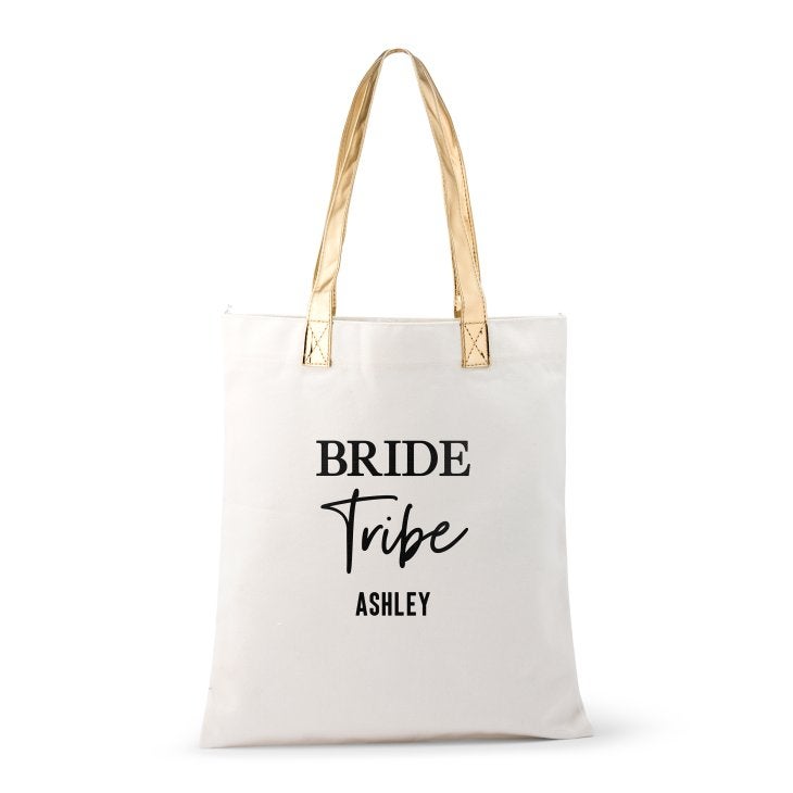 Personalized Cotton Canvas Fabric Tote Bag With Gold Strap - Bride Tribe