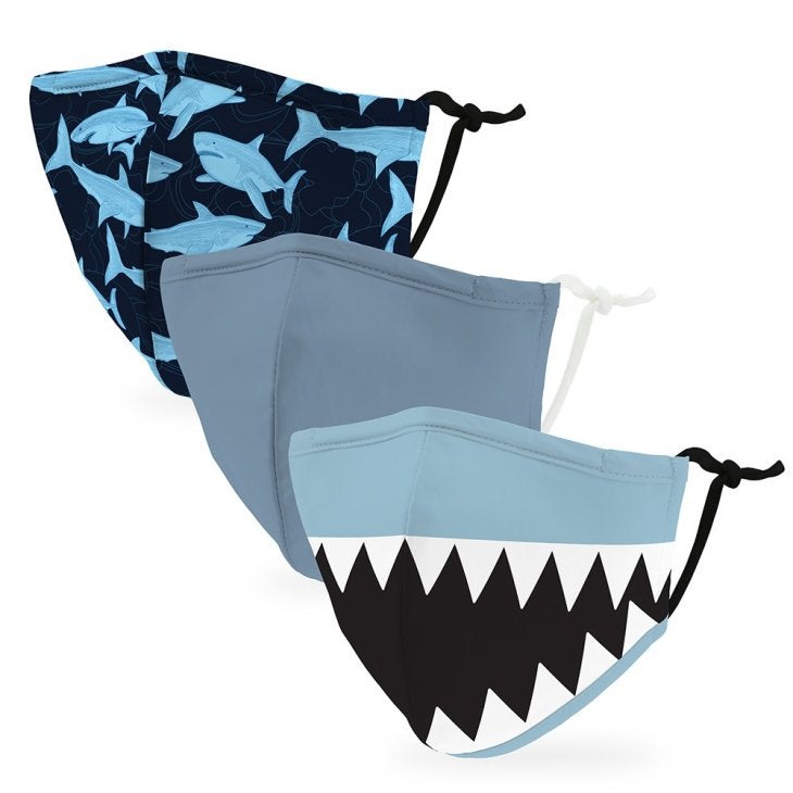 Variety 3-Pack Kid's Reusable, Washable 3 Ply Cloth Face Masks With Filter Pockets - Shark