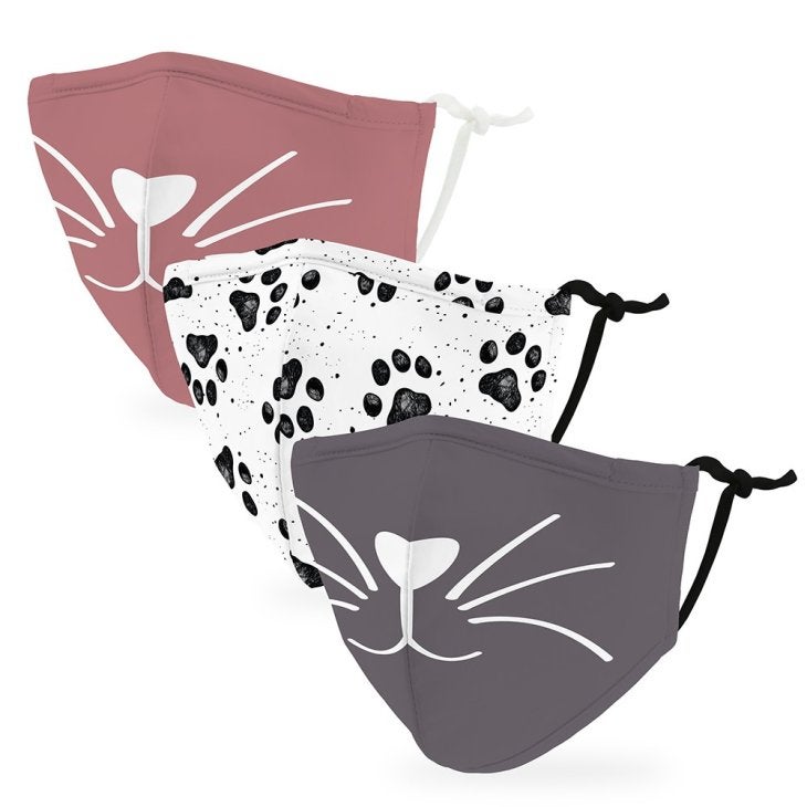 Variety 3-Pack Kid's Reusable, Washable 3 Ply Cloth Face Masks With Filter Pockets - Kitty Cat