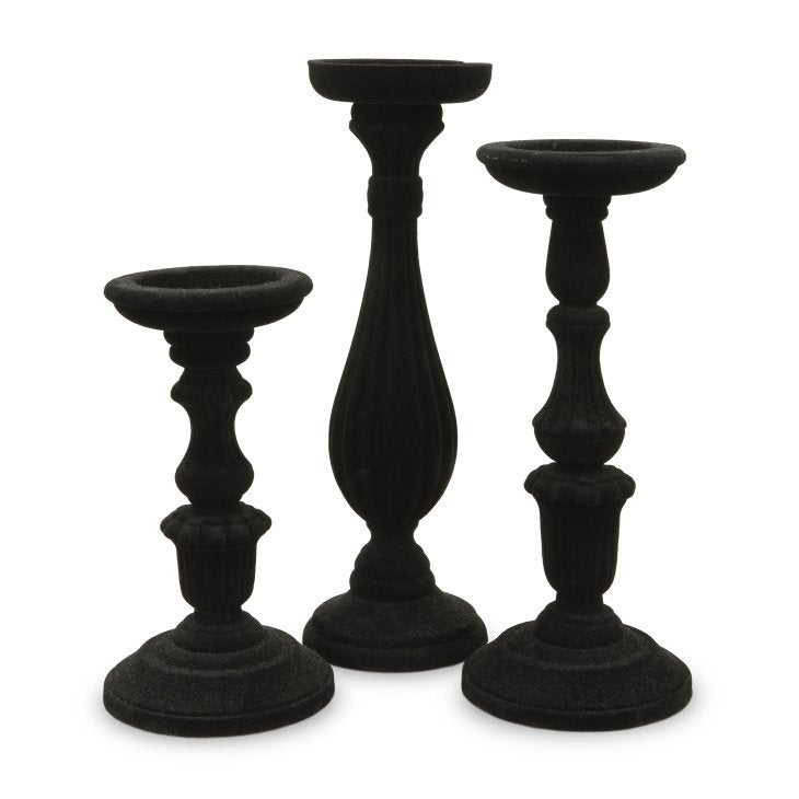 3-Piece Tiered Velvet Spindle Candle Holder Set - Black
