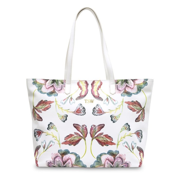 Large Personalized Patterned Faux Leather Tote Bag - White Vintage Floral