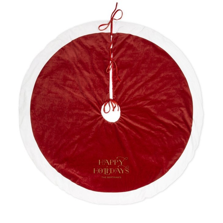 Personalized Plush Fabric Traditional Christmas Tree Skirt - Happy Holidays