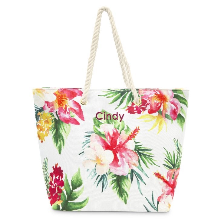 Personalized Extra-Large Cotton Fabric Canvas Tote Bag - Tropical Floral