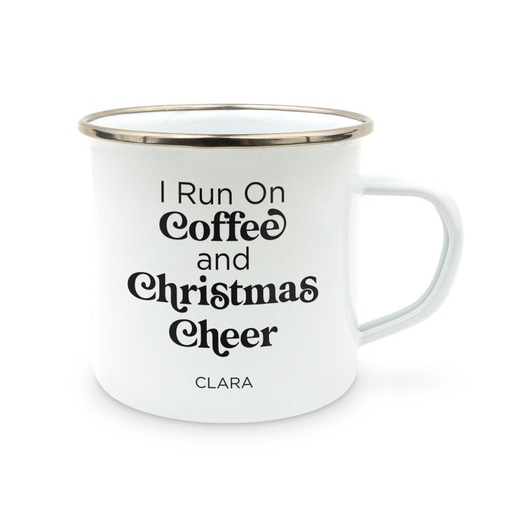 Personalized White Enamel Stainless Steel Coffee Mug - I Run on Coffee and Christmas Cheer