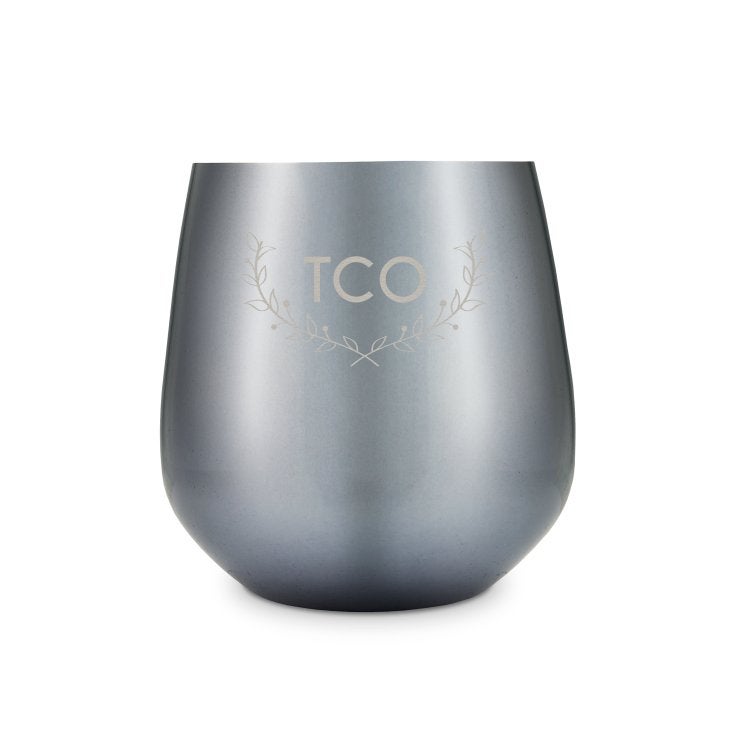 Custom Engraved 16 oz. Navy Metal Stemless Wine Glass - Woodland Monogram