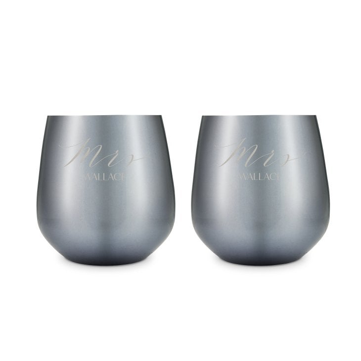 Personalized 16 oz. Navy Metal Stemless Wine Glass Gift Set - Mrs