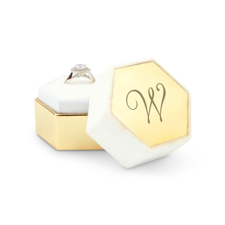 Personalized Velvet Hexagon Wedding Ring Box - Script Initial
