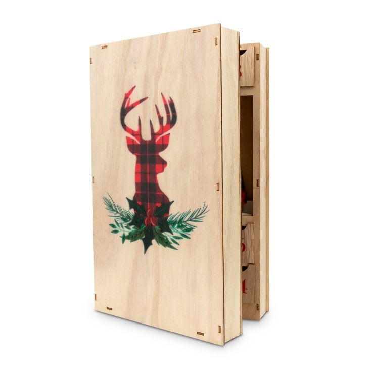 Reusable Plain Fillable Wooden Advent Drawer Christmas Calendar - Plaid Stag