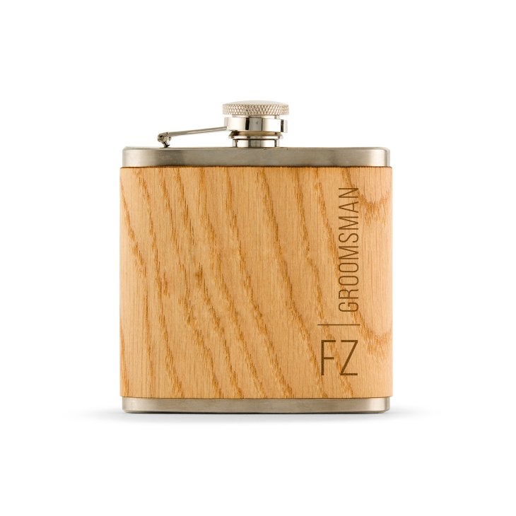 Personalized Oak Wood Wrapped Stainless Steel Hip Flask - Vertical Monogram And Text Print
