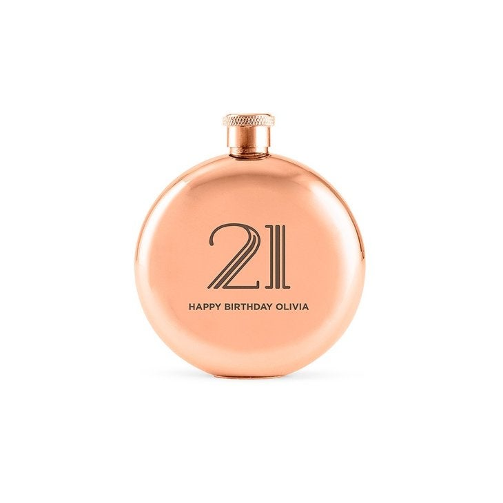 Personalized Rose Gold Stainless Steel Round Hip Flask - Vintage Glam Text Engraving