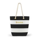 Personalized Large Bliss Striped Cotton Canvas Fabric Tote Bag- Black And White