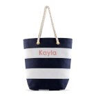 Personalized Large Bliss Striped Cotton Canvas Fabric Tote Bag- Navy And White