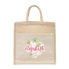 Personalized Medium Woven Jute Tote Bag With Pocket - Floral Garden Party