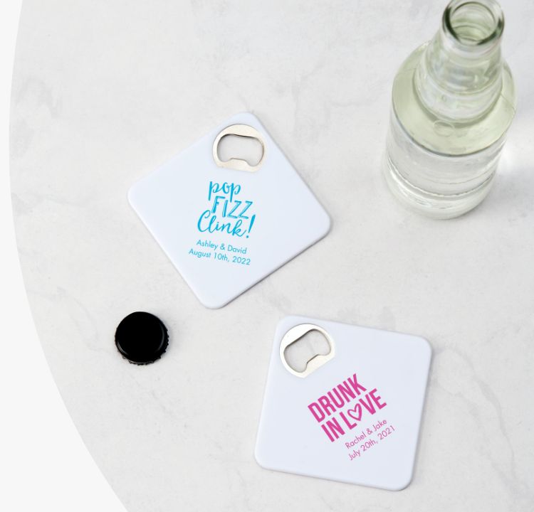 Personalized Plastic Drink Coaster Favor with Bottle Opener